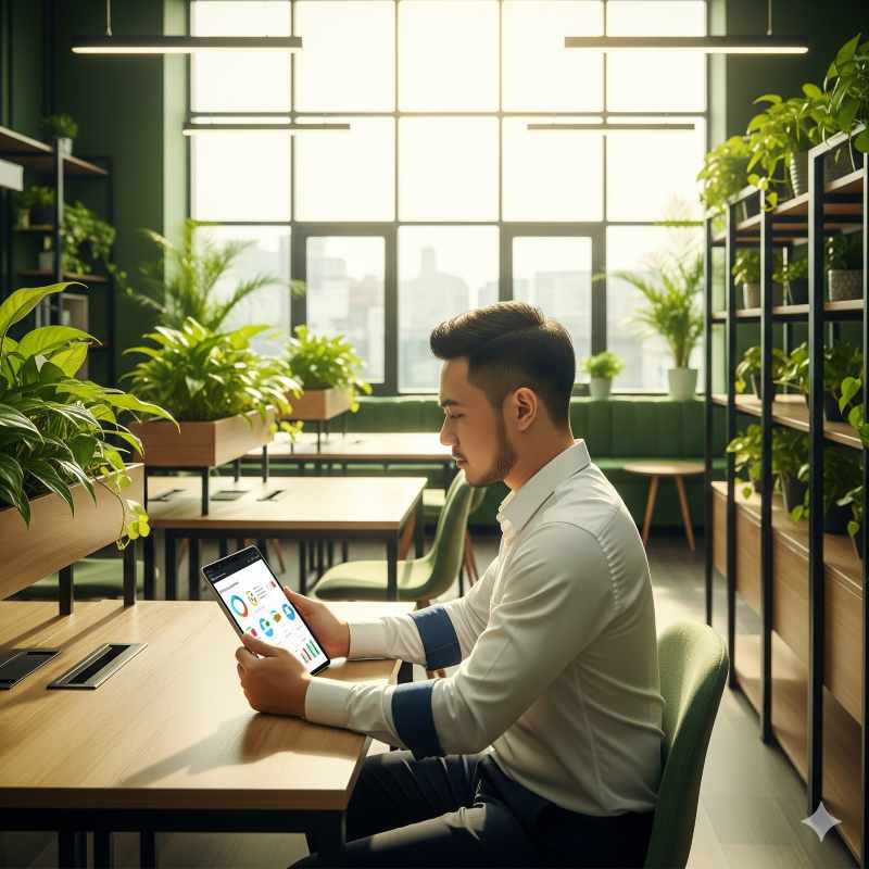 Nhà đầu tư trẻ nghiên cứu báo cáo ESG trong không gian làm việc xanh