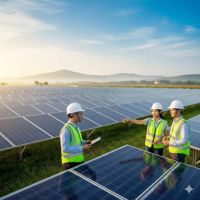 Trang trại điện mặt trời với kỹ sư và nhà đầu tư khảo sát dự án