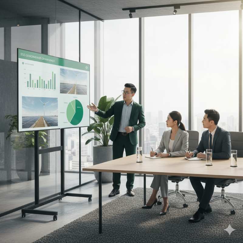 Chuyên gia trình bày kế hoạch đầu tư tài chính xanh trong phòng họp hiện đại