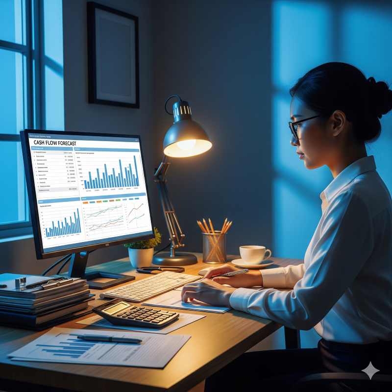 Kế toán doanh nghiệp đang dự báo dòng tiền trên máy tính