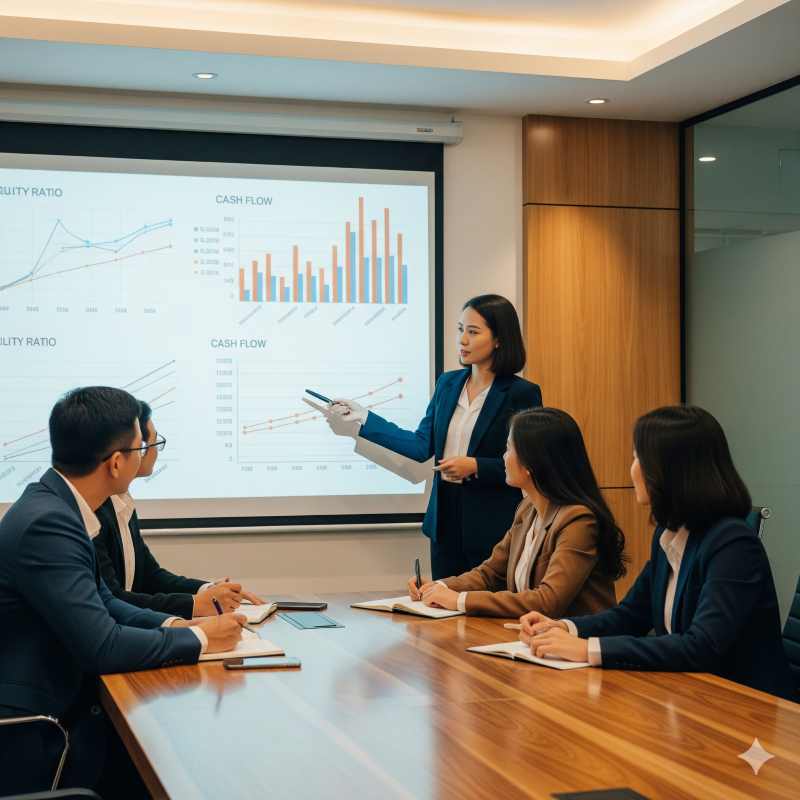 Cuộc họp doanh nghiệp bàn về dòng tiền và thanh khoản