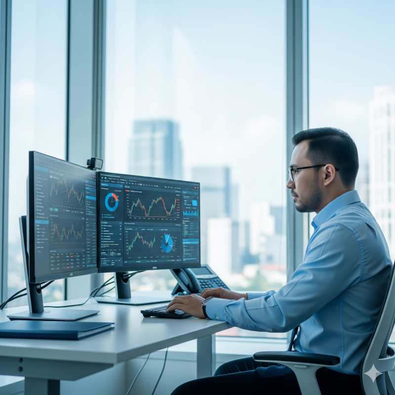 Nhân viên tài chính kiểm tra báo cáo thanh khoản tại văn phòng hiện đại