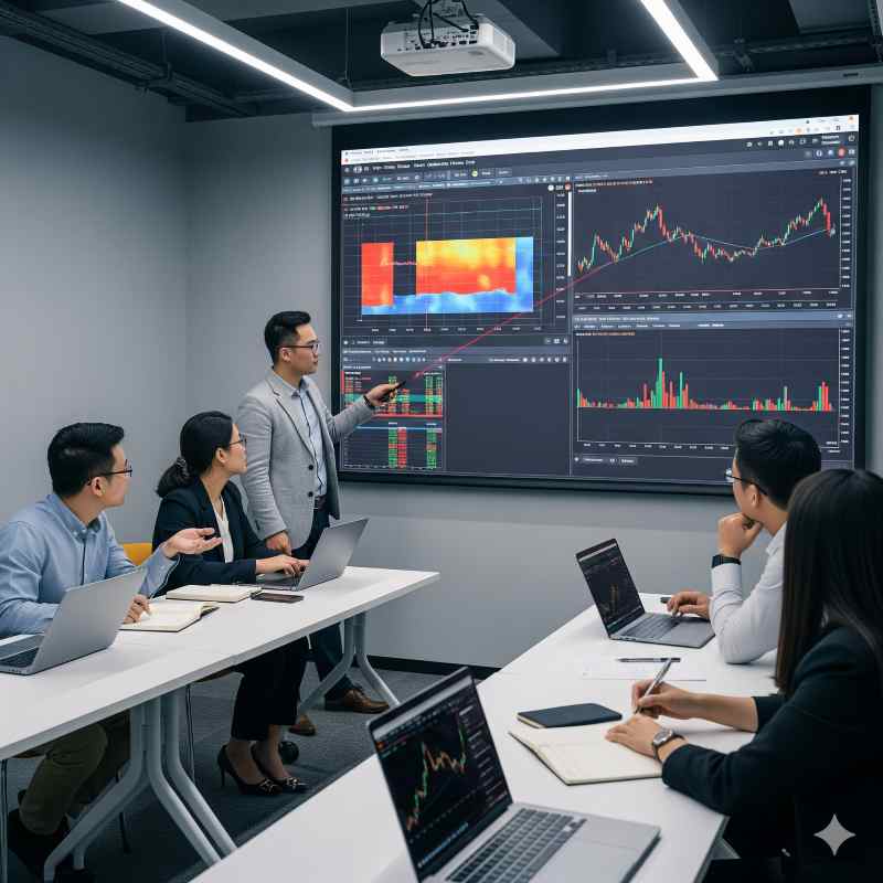 Nhóm trader phân tích order book và volume profile tại buổi huấn luyện