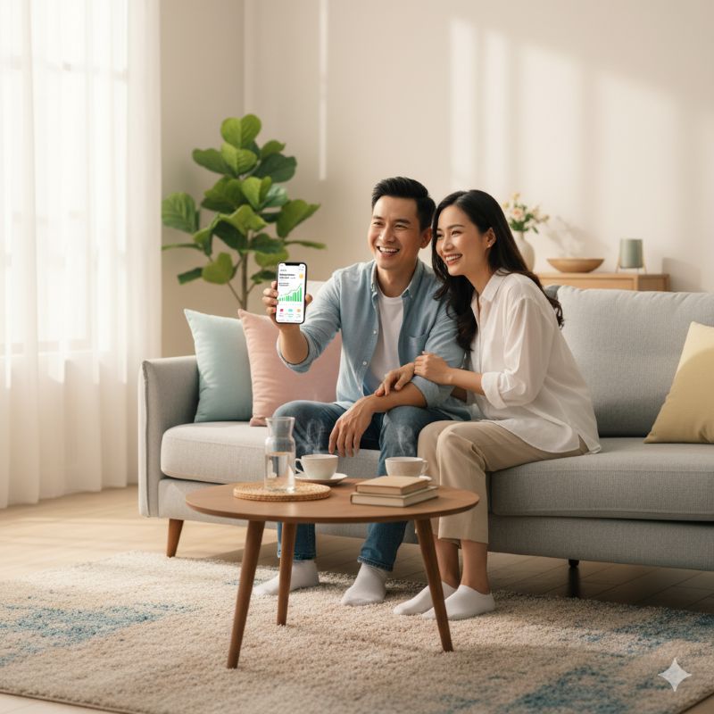Cặp vợ chồng trẻ theo dõi tiến độ tiết kiệm trên ứng dụng tài chính