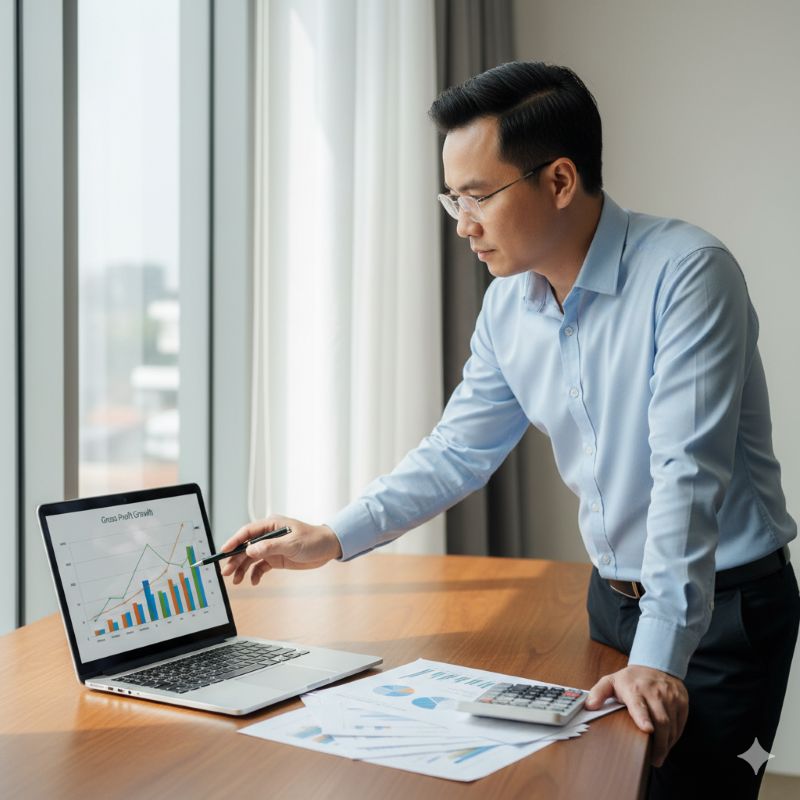 Doanh nhân phân tích lợi nhuận gộp trên báo cáo tài chính