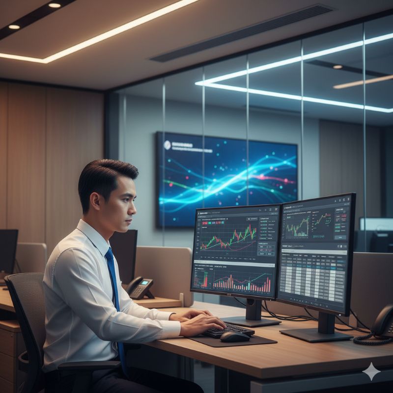 Nhân viên ngân hàng theo dõi hệ thống thanh khoản trên màn hình