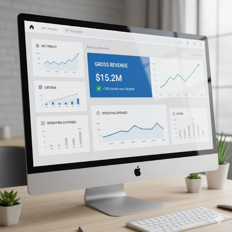 Màn hình báo cáo tài chính hiển thị doanh thu gộp và biểu đồ tăng trưởng