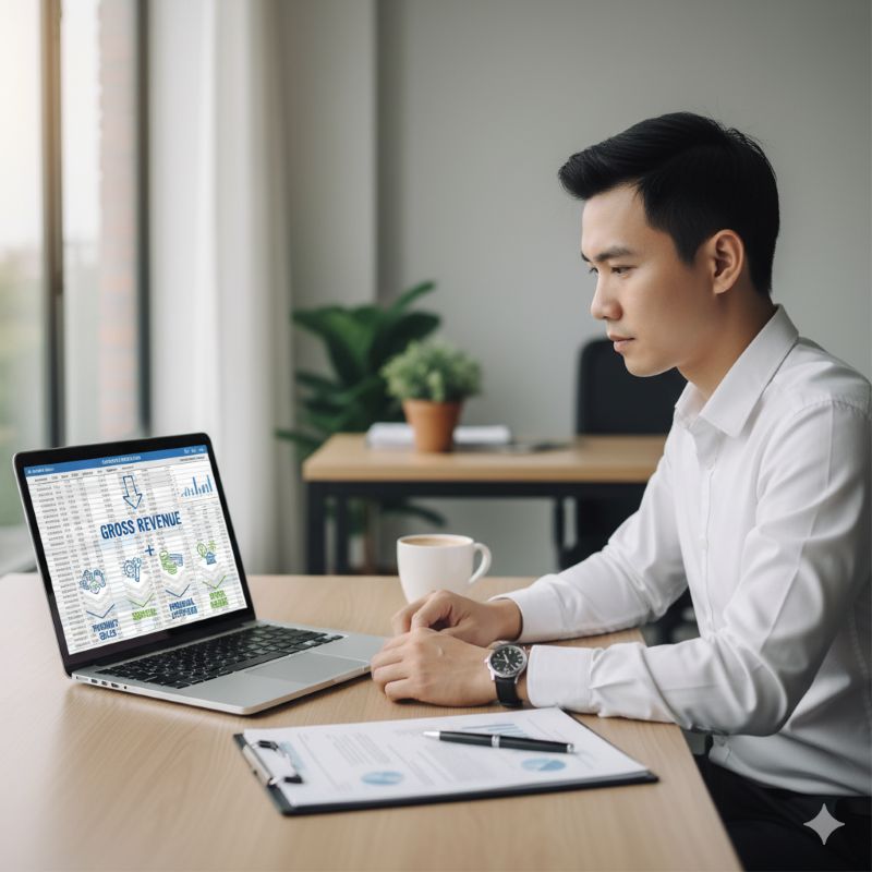 Nhân viên tài chính phân tích doanh thu gộp trên máy tính