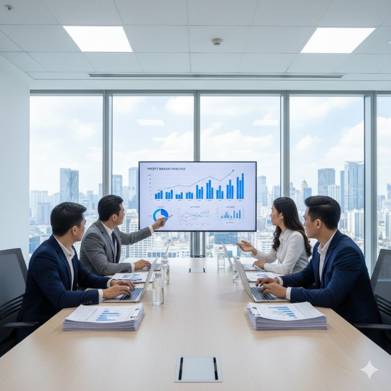 Phòng họp hiện đại với nhóm tài chính đang phân tích biên lợi nhuận