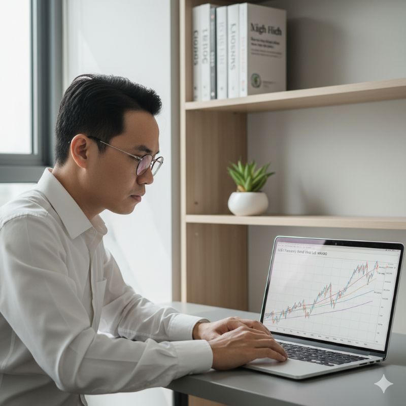 Nhà đầu tư phân tích lãi suất trái phiếu chính phủ Mỹ tại văn phòng hiện đại