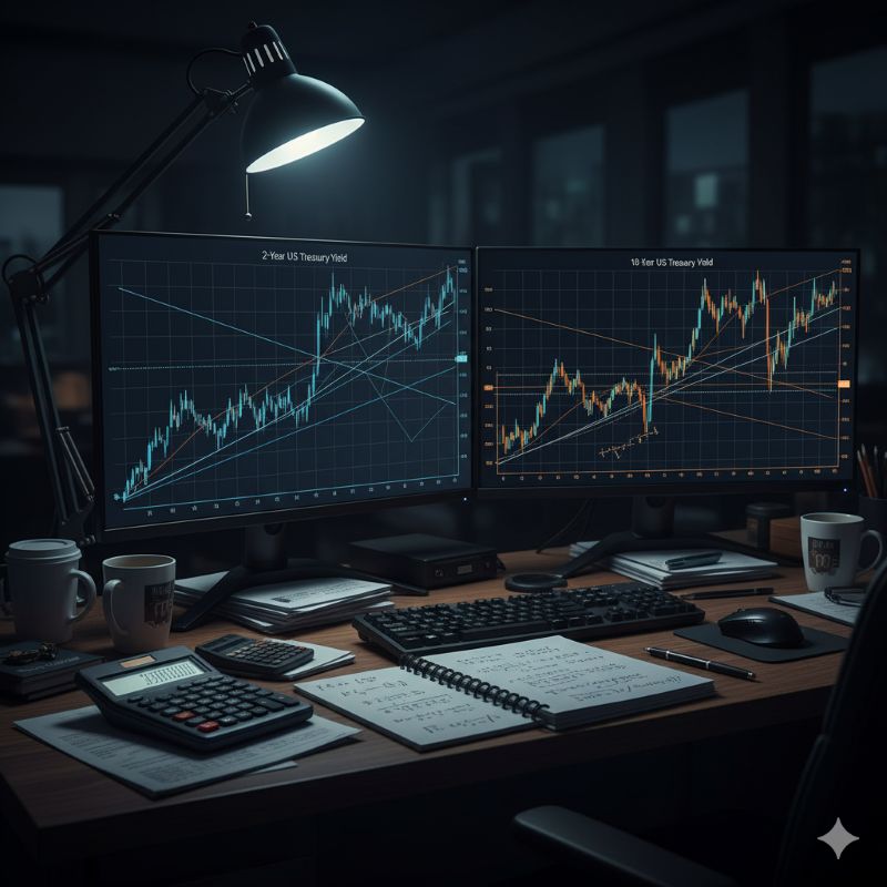 Bàn làm việc phân tích biểu đồ lợi suất 2 năm và 10 năm Mỹ
