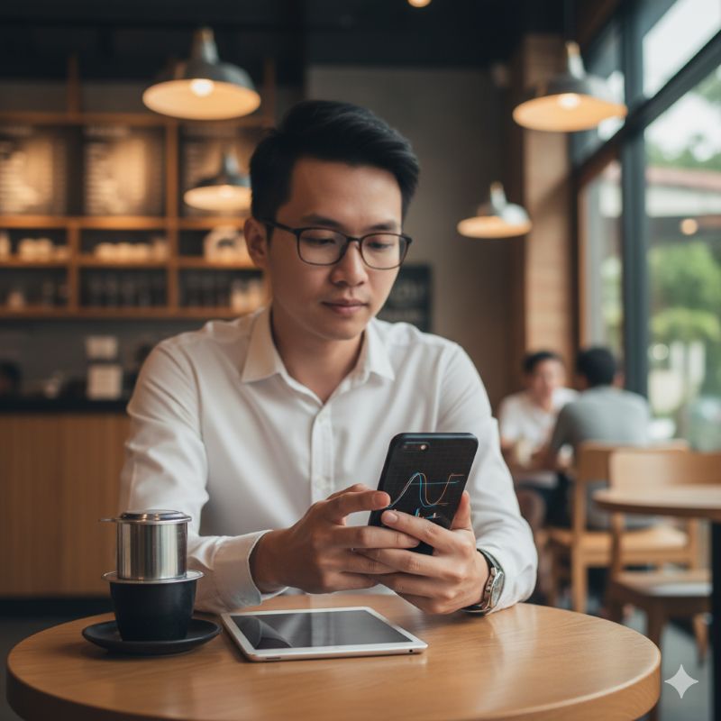 Nhà đầu tư trẻ theo dõi lợi suất trái phiếu Mỹ tại quán cà phê