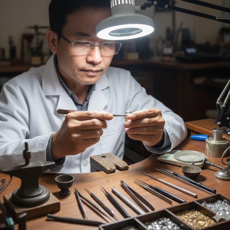 Thợ kim hoàn kiểm tra nhẫn vàng trắng 375 bằng kính lúp chuyên dụng