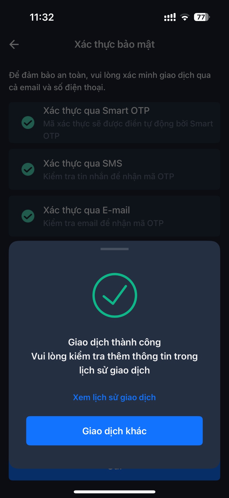 Nhập mã xác thực để hoàn tất giao dịch VNDC an toàn