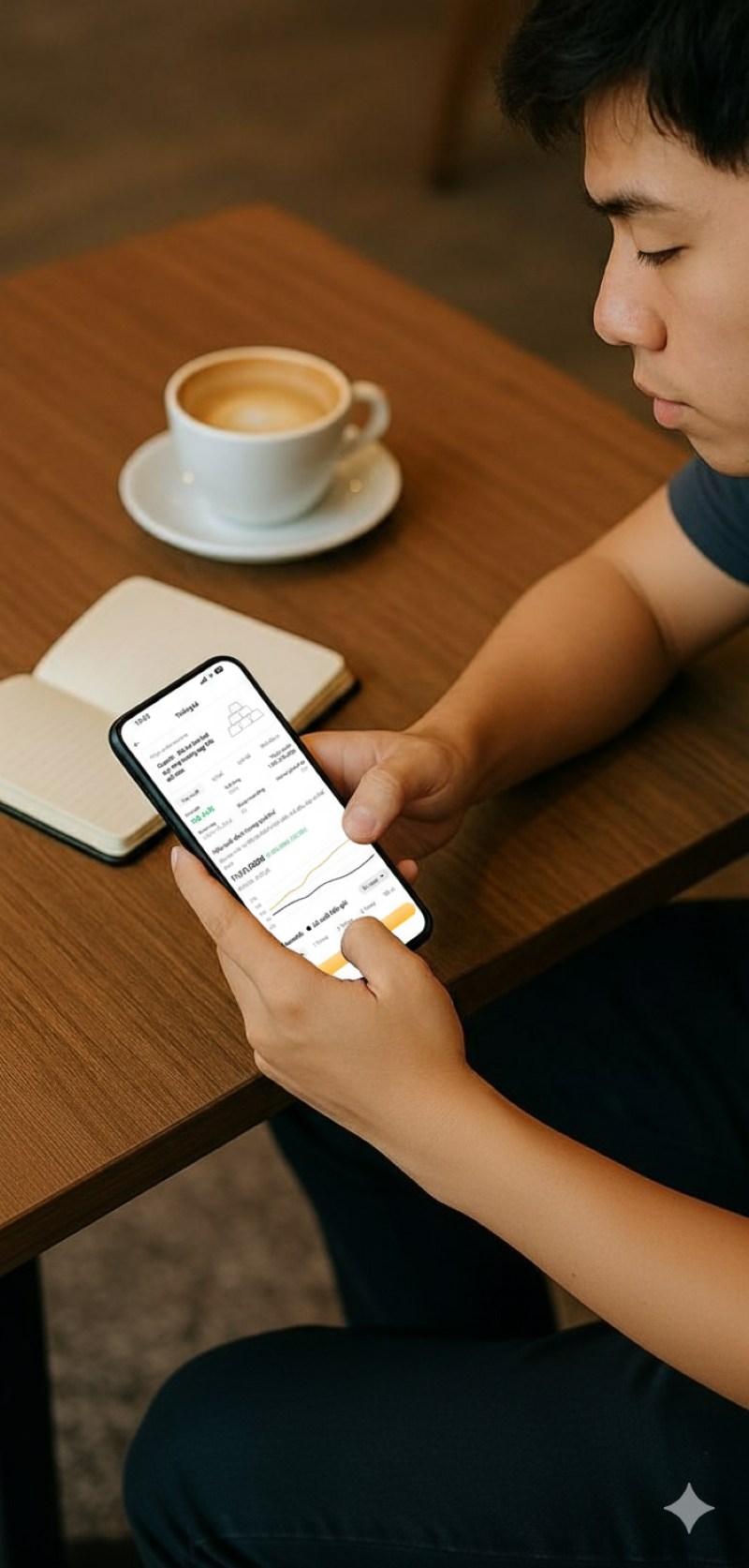Người dùng theo dõi hiệu suất đầu tư trên điện thoại với biểu đồ rõ nét