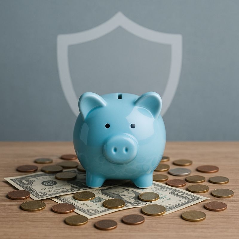 Hũ tiết kiệm và tiền xu tượng trưng quỹ dự phòng rủi ro