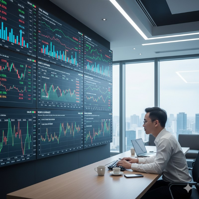 Nhà đầu tư theo dõi bảng giá cổ phiếu và trái phiếu tại văn phòng hiện đại