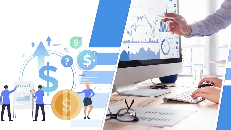 Chuyên viên tài chính phân tích danh mục đầu tư trên màn hình lớn
