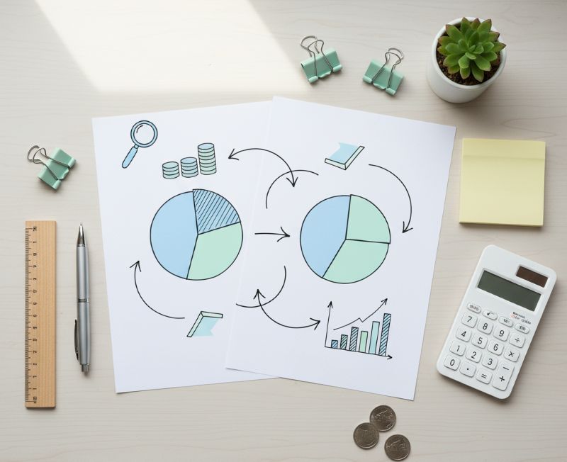 Bàn làm việc minh họa pha loãng qua hai biểu đồ quạt