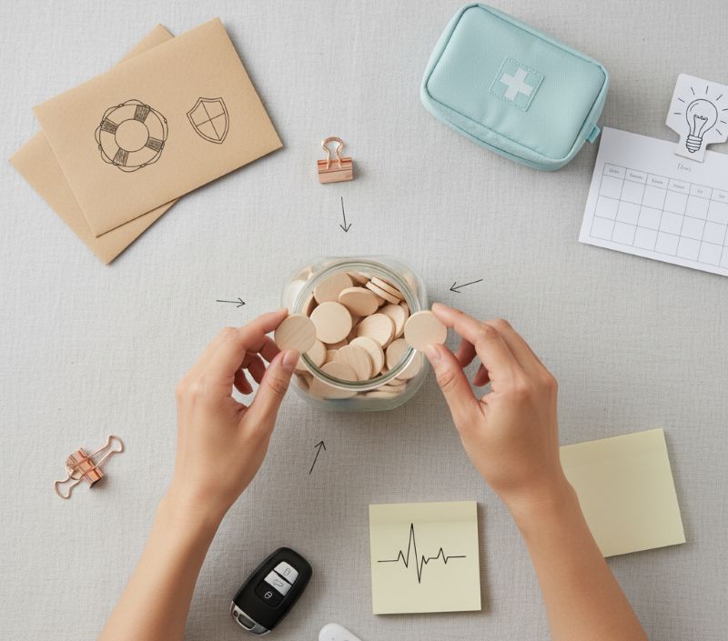 Hũ quỹ khẩn cấp với tay bố mẹ thêm thẻ gỗ tiết kiệm