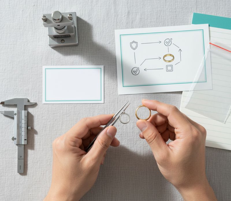 Kiểm tra tem và ký hiệu trang sức bằng kính lúp, kẹp và caliper