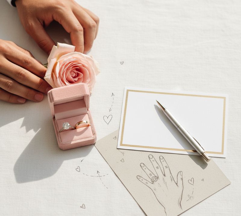 Hai nhẫn đính hôn trên khăn trắng với hoa hồng và thiệp cưới