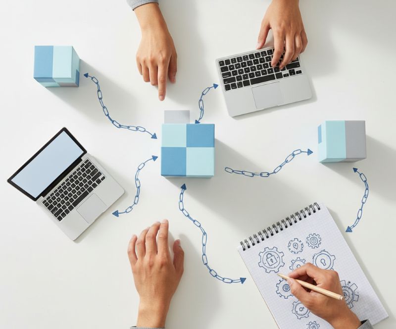 Blockchain với các khối dữ liệu liên kết và biểu tượng bảo mật