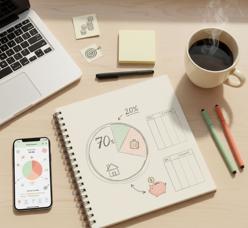 Góc bàn làm việc với sổ tay và ứng dụng quản lý ngân sách hàng ngày