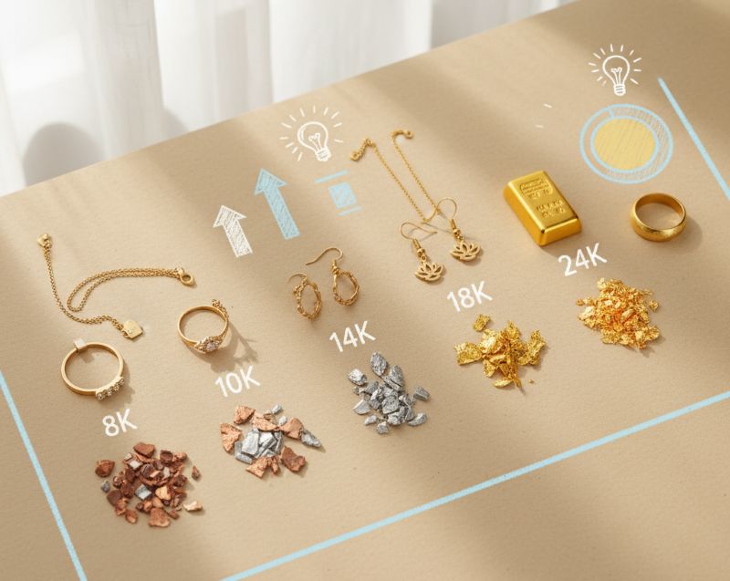 So sánh các loại vàng từ 8k đến 24k trên nền sáng